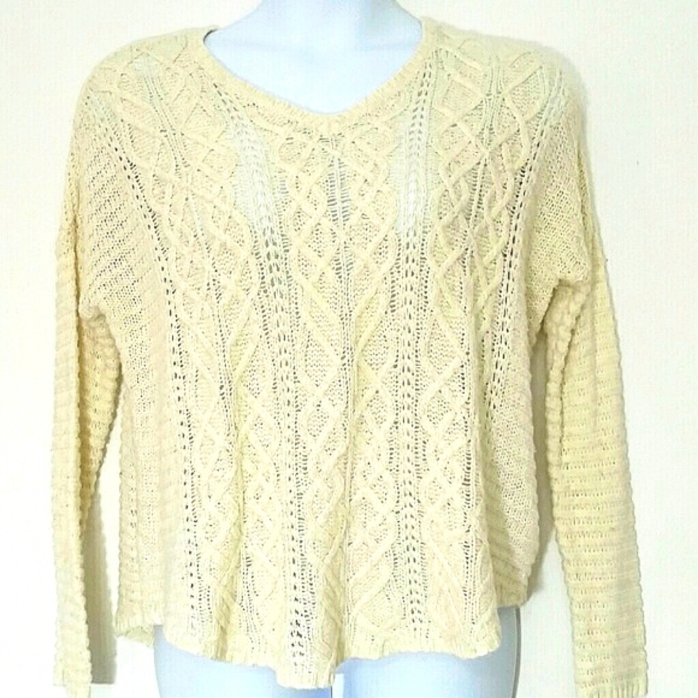 Sonoma Ivory Cream Fisherman Chunky Cable Heritage Knit Sweater Large V Neck